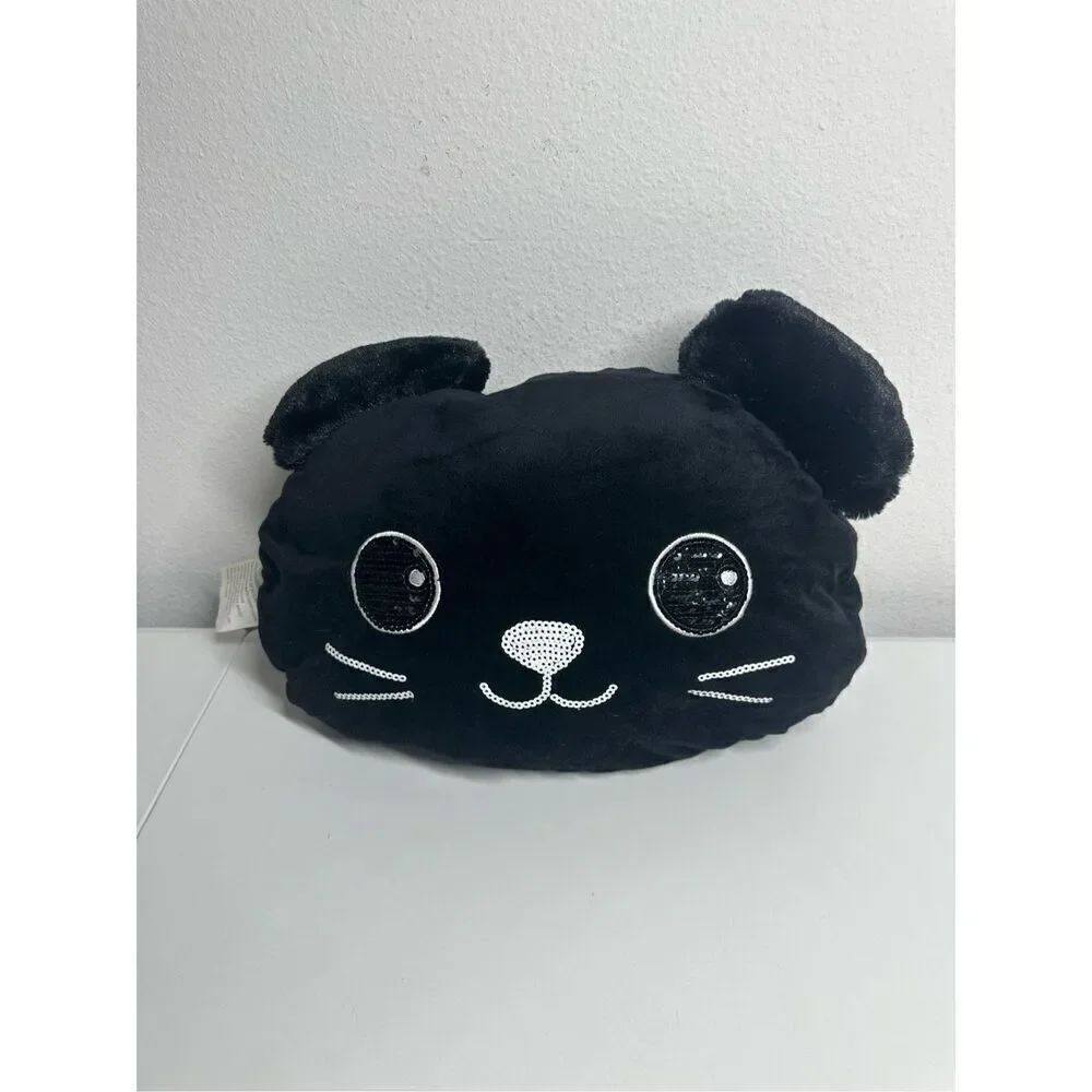 Mystic Apparel Black Cat Plush Pillow Sequins Trim 15” X 10”